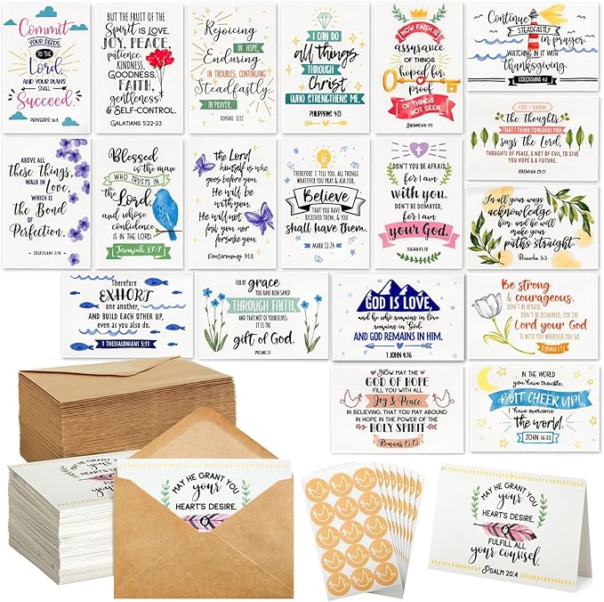 Faithful Finds 120 Pack Christian Greeting Cards Bulk with Envelopes, Religious Encouragement Scripture, 20 Inspirational Bible Verse Designs (4x6 In)