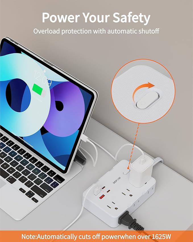 Surge Protector Power Strip with Flat Plug, 10 FT Extension Cord with 6 AC Outlets 4 USB Ports(2 USB-C),1050J Surge Protection, Wall Mountable Charging Station for Office, Home, White