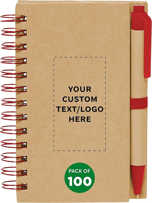 Custom Mini Spiral Notebooks with Black Ink Pens Set of 100, Personalized Bulk Pack - Perfect for School, Office, Business, Home - Red