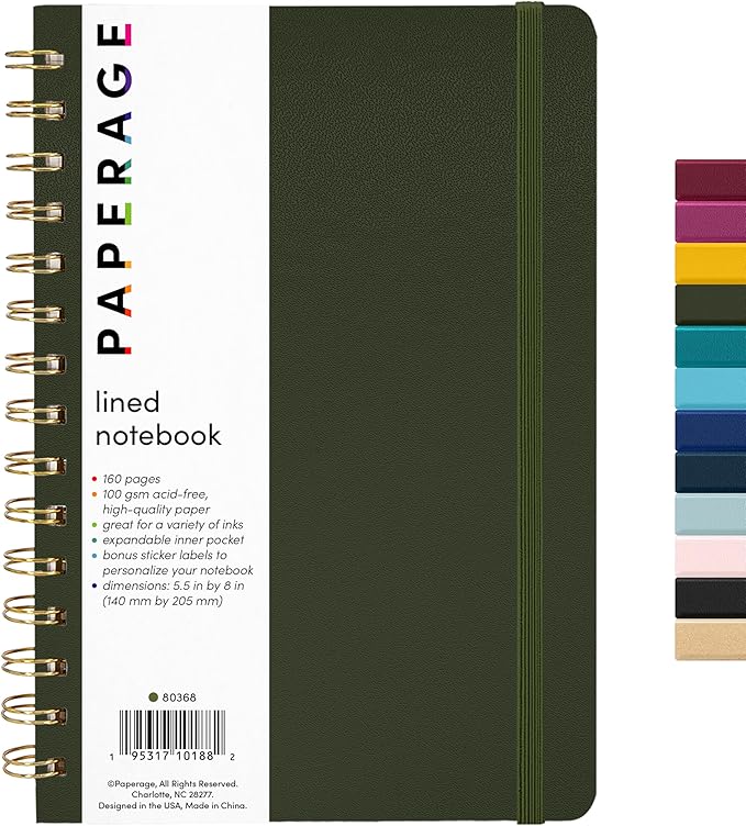 PAPERAGE Lined Spiral Journal Notebook, (Olive Green), 160 Pages, Medium 5.5 inches x 8 inches - 100 GSM Thick Paper, Hardcover, Double-Wire Spiral Journal & Notebook