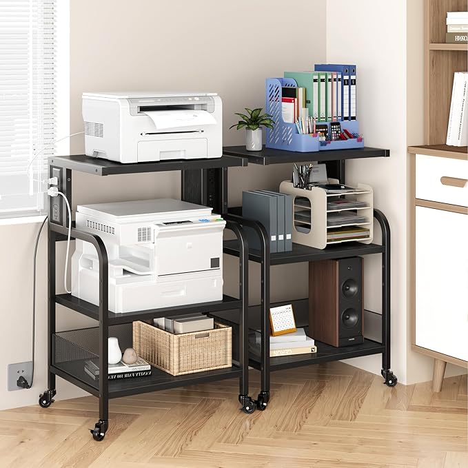 Printer Stand with Power Outlet, Large Printer Table with Adjustable Storage Shelf, 3 Tier Office Rolling Printer Stand with Wheels for Home Office, Fax Machines, Scanners, Rustic Black