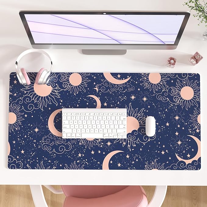Colorful Star Starry Sky Large Desk Pad, Celestial Moon and Sun Extended Gaming Mouse Pad Non-Slip Desk Mat, Leather Blue Keyboard Mat for Desktop Gaming Accessories 31.5"x15.7"