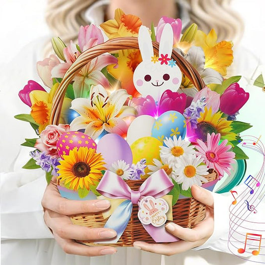 3D Pop Up Easter Flower Basket Card with Music & Lights – Bunny, Eggs, Lily, Tulip, Daisy Bouquet – Envelope Included – Easter Gift & Decoration