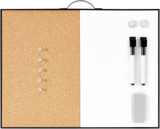 TSJ OFFICE Small Whiteboard Cork-Board - 12" X 16" Portable Aluminum Black Framed Magnetic Dry Erase Board for Wall, Small Bulletin Cork Board with Holder for Office, Home and School
