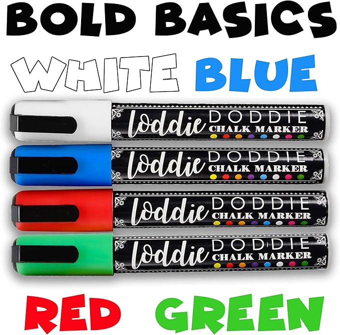 Loddie Doddie Liquid Chalk Markers - 4-Pack Basic Colors 6mm Reversible Tip - Erasable Multi-Surface Chalkboard & Window Markers for Glass Washable