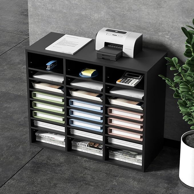 VEVOR Literature Organizers, 24 Compartments Office Mailbox with Adjustable Shelves, Wood Literature Sorter 29x12x24.4 inches for Office, Home, Classroom, Mailrooms Organization, EPA Certified Black