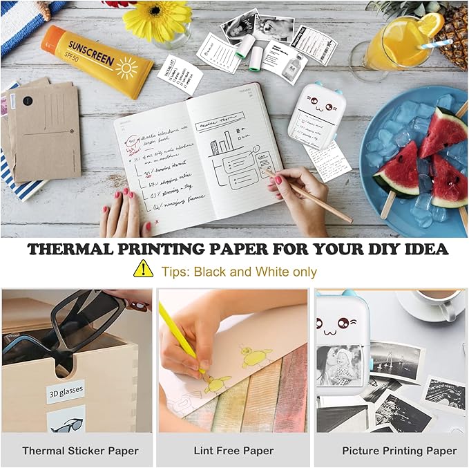 Mini Sticker Printer, Inkless Thermal Printer with 10 Rolls Paper, Portable Bluetooth Pocket Printers for Photo Journal Notes Memo, Compatible with Phone Android or iOS