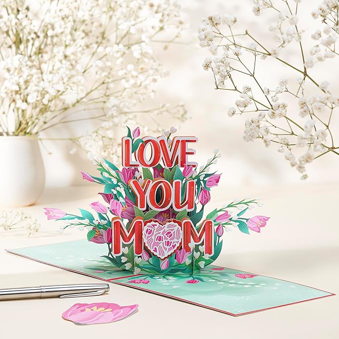 Love You Mom Pop Up Card, Flower, Heart Shaped Symbol, Gift For Birthday, Mothers Day, Anniversary, Valentines Day, Mom, Godmother, Mother in Law, 5x7 - Includes Envelope And Message Note