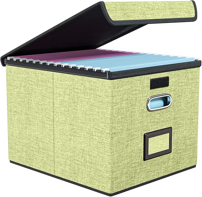 Huolewa Decorative File Organizer Storage Box with Lid, Linen Hanging Filing & Storage Box with Plastic Slide for Office/Decor/Home, Universal Hanging Filing Organization Box for Letter/Legal Folder