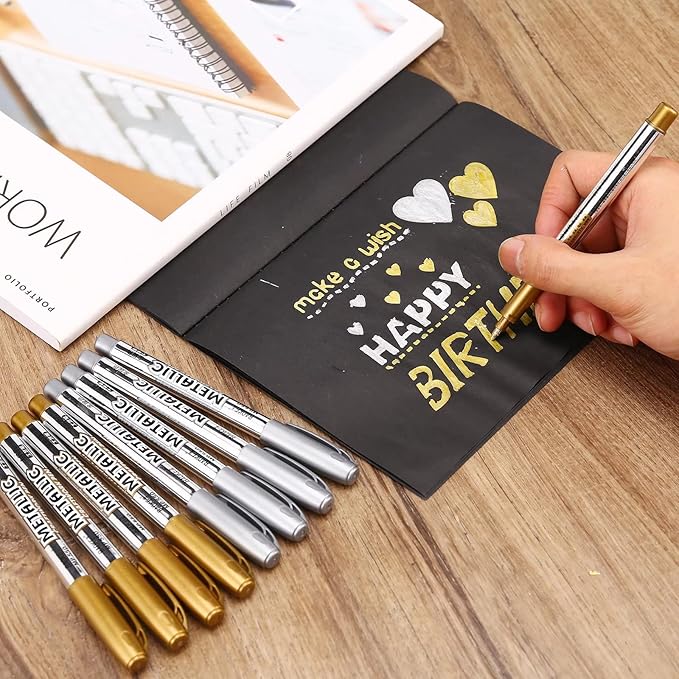 LOONENG Silver Permanent Marker, Fine Point, Acid Free, Non-Toxic Ink, Quick Drying, Ideal for Adult Coloring, Crafts, Gift Cards, Fabric, Photo Albums, 8 Count