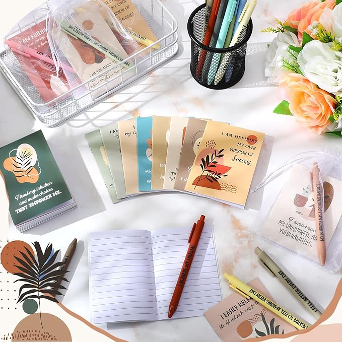 24 Set/48 Pcs Positive Affirmation Gift Set Gratitude Notebooks with Pens Small Bags Motivational Encouragement Notepads Daily Affirmations Journal for Women Stress Relief Self Care (Plant)
