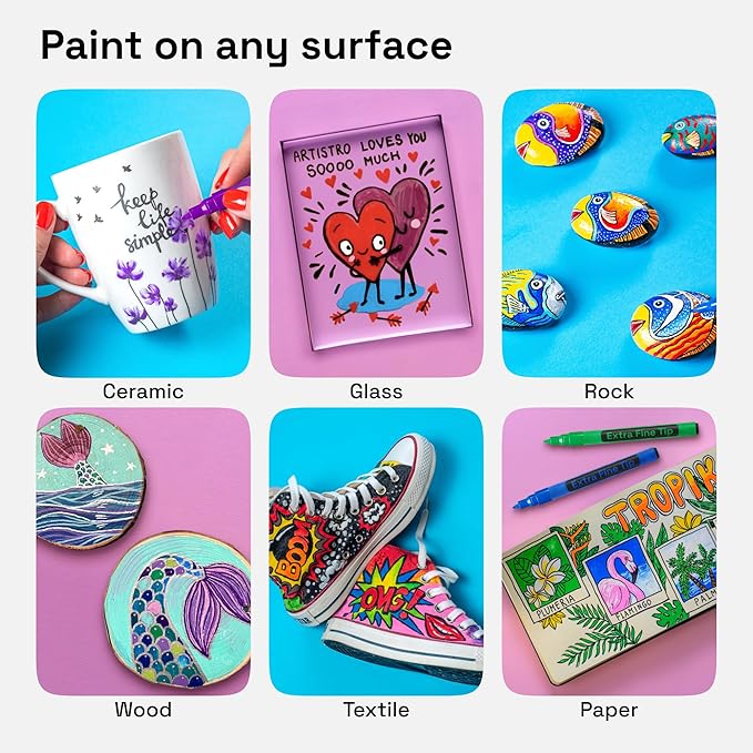 ARTISTRO 15 Acrylic Paint Pens, Art Set Acrylic Paint Markers, Fabric Markers for Textile, Canvas, Rock, Glass, Wood, Paper, Pumpkin, DIY for Kids and Adults