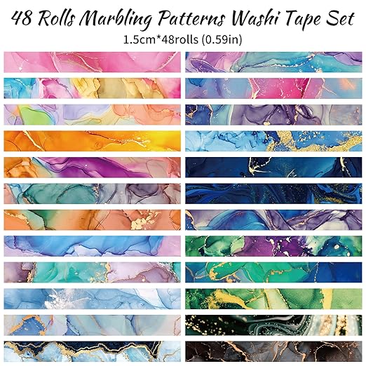 48 Rolls Washi Tape Set - Decorative Masking Tape Colored Marbling Patterns, Adhesive Artists Tapes for Journaling Supplies, DIY Crafts, Scrapbooking, Junk Journal Supplies, School Supplies