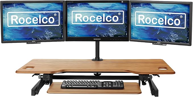 Rocelco 46" Large Height Adjustable Standing Desk Converter with Triple Monitor Mount BUNDLE - Sit Stand Up Computer Workstation Riser - Retractable Keyboard Tray - Teak Wood Grain (R DADRT-46-DM3)