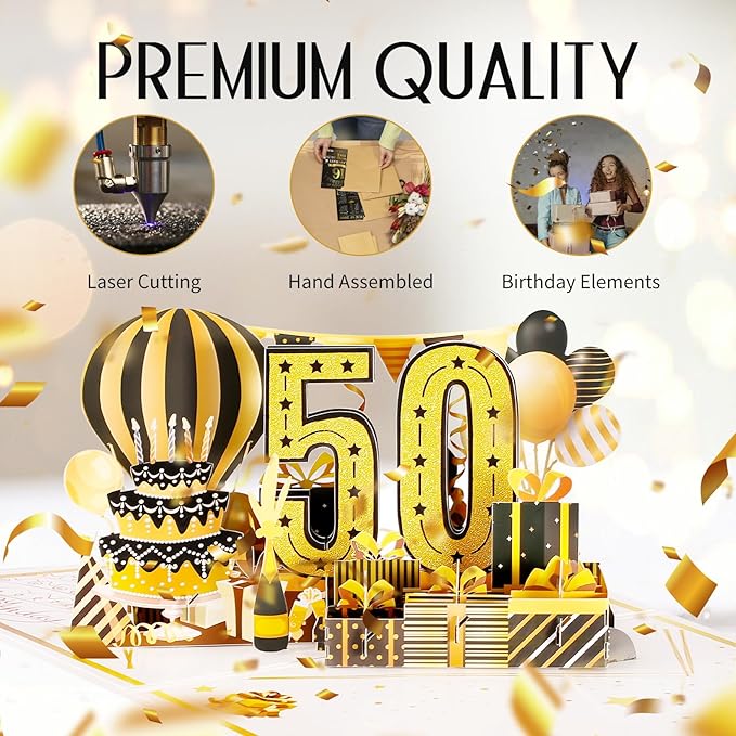 50th Birthday Card for Women Men, Jumbo Pop Up 50th Birthday Cards for Her Him, Happy 50th Birthday Decorations for 50 Year Old Women Men Funny Birthday Gifts, Review of 1975, Black Gold