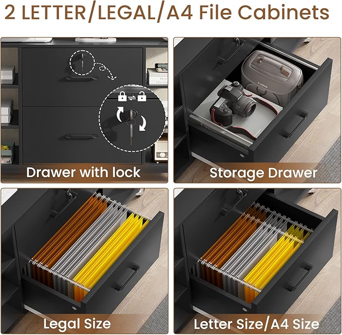 SEDETA 44" File Cabinet, Filing Cabinets fits Legal, Letter, A4 Size, 2 Drawer Office File Cabinet for Home Office with Lock, Power Strip, 6 Adjustable Shelves & 4 Hooks, Black