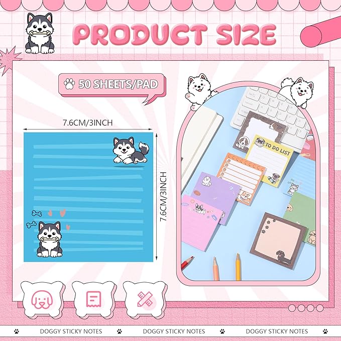 9 Pads Cute Sticky Notes Cartoon Animal Self Stick Notepads 3x3 Inches Notes Adhesive Memo Pad Office Decor Gifts for Students School Office Meeting (Dog)