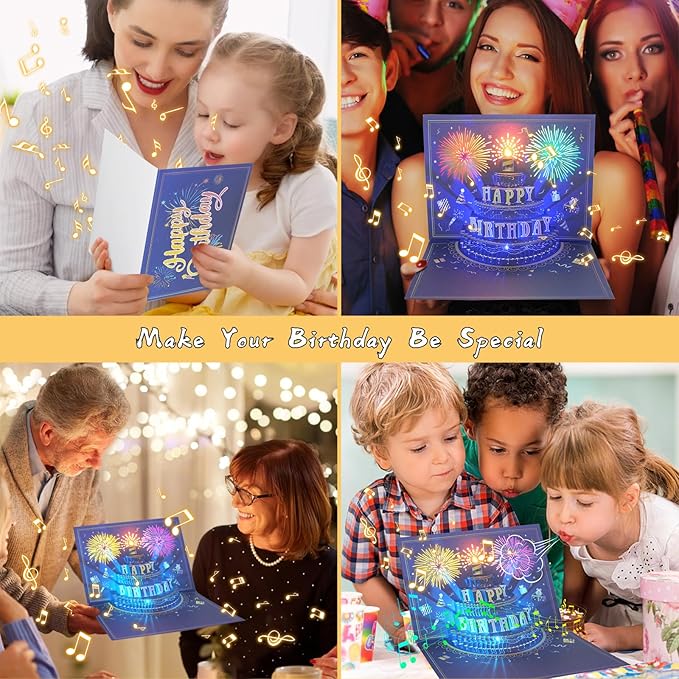 UPGRADED 3D Pop Up Firework Birthday Cards, Musical LED Lights Birthday Cards with Blowable Birthday Cake, Greeting Cards, Birthday Gifts for Mom Women Men Kids Child Dad Father Wife