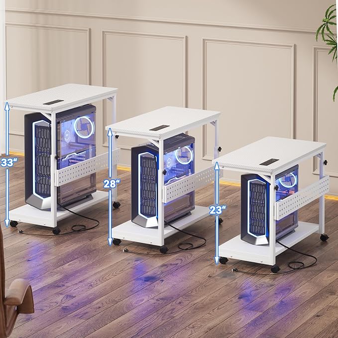 Computer Tower Stand with Power Strips, Height Adjustable PC Tower Stand/Cart with Wheels, Mobile Rolling CPU Holder, Computer Cart Side Stand for Computer Desk, 32", Carbon Fiber White