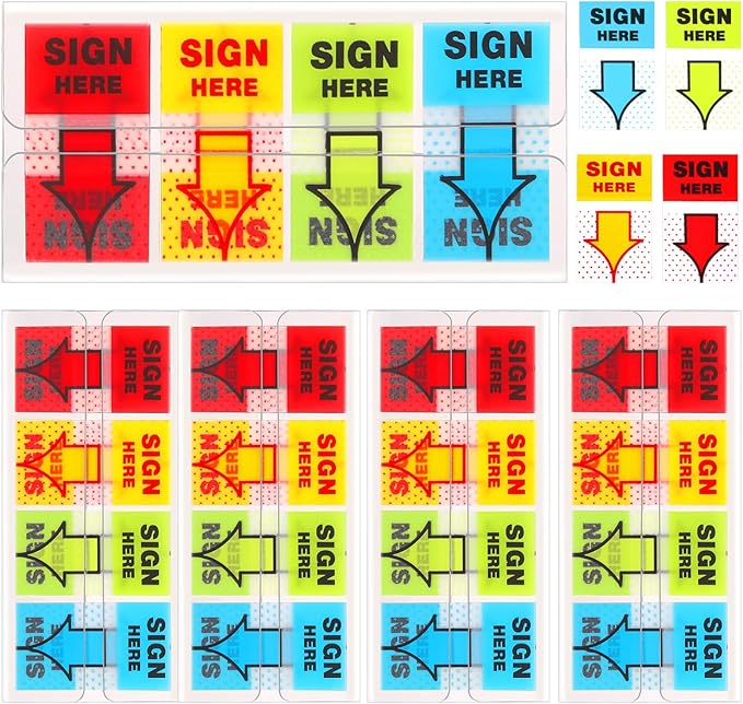 500pcs Sign Here Stickers, Arrow Labels Stickers Adhesive Sign Here Tabs Sign Post Here Flags for Documents Notebooks Home Office School Supplies (4 Colors)