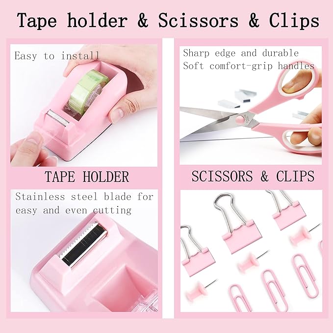 Pink Office Desk Accessories Supplies, 12pcs Desk Organizers and Accessories with Tape dispenser and Stapler,Staples,Staple Remover,Pen Holder,Scissor,Ruler,Sticky Tabs,Tape,Ballpoint Pen,Clips Set