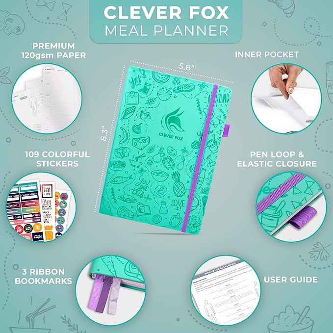 Clever Fox Weekly Meal Planner - Weekly & Daily Meal Prep Journal with Shopping and Grocery Lists for Menu Planning, Healthy Diet & Weight Loss Tracking, Lasts 1 Year, Undated, A5 - Turquoise