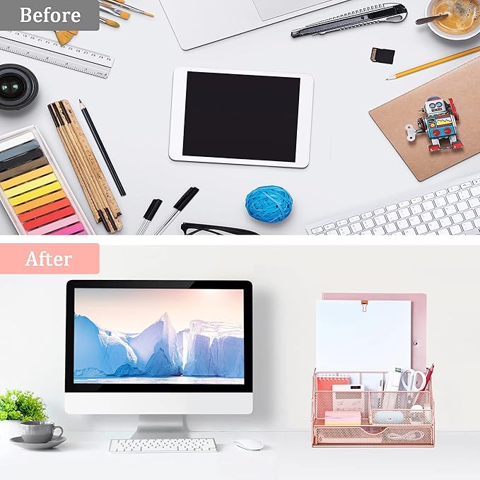 Rose Gold Desk Organizers and Accessories, Office Supplies with Mesh Desk Organizer, Acrylic Tape Dispenser and Stapler, Staples, Ballpoint Pen, Clips Set, Ruler, Scissor, Sticky Labels