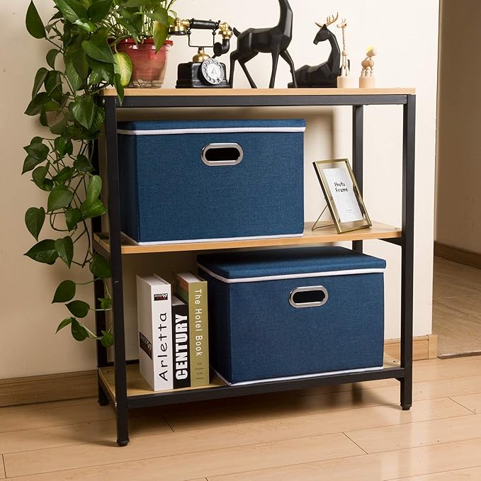 PRANDOM Large Collapsible Storage Bins with Lids [3-Pack] Fabric Foldable Storage Boxes Organizer Containers Baskets Cube with Cover for Home Bedroom Closet Office Royal Blue(17.7x11.8x11.8)
