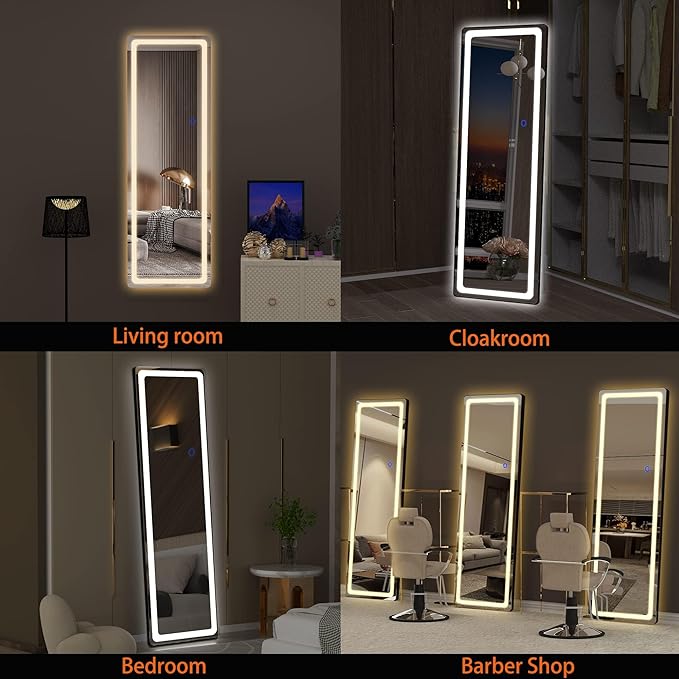 Hasipu Full Length Mirror with Lights, 56" x 16" LED Floor & Wall Mounted, Full Body Dressing Mirror for Bedroom, Living Room, Cloakroom – Round Black