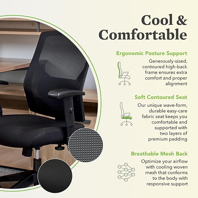HON Crio High Back Task Chair, Ergonomic Office Chair with Adjustable Arms and Back Support, Lumbar Support, 360 Swivel, Adjustable Center-Tilt Recline, for Computers, Desks, Home Office, Black
