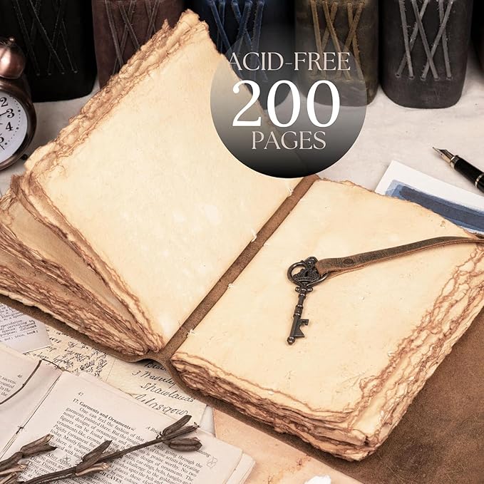 LEATHER VILLAGE Vintage Leather Journal – 200 Handmade Vintage Deckle Edge Paper – Leather bound Journal For Women Men – Vintage Key Closure - Book of Shadows - Green - 6X4 inches (A6)