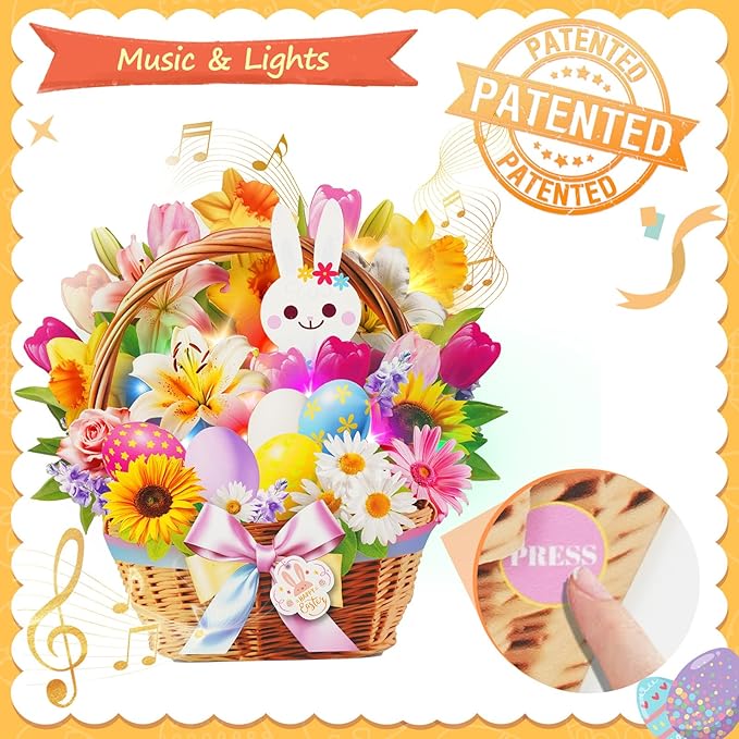 3D Pop Up Easter Flower Basket Card with Music & Lights – Bunny, Eggs, Lily, Tulip, Daisy Bouquet – Envelope Included – Easter Gift & Decoration