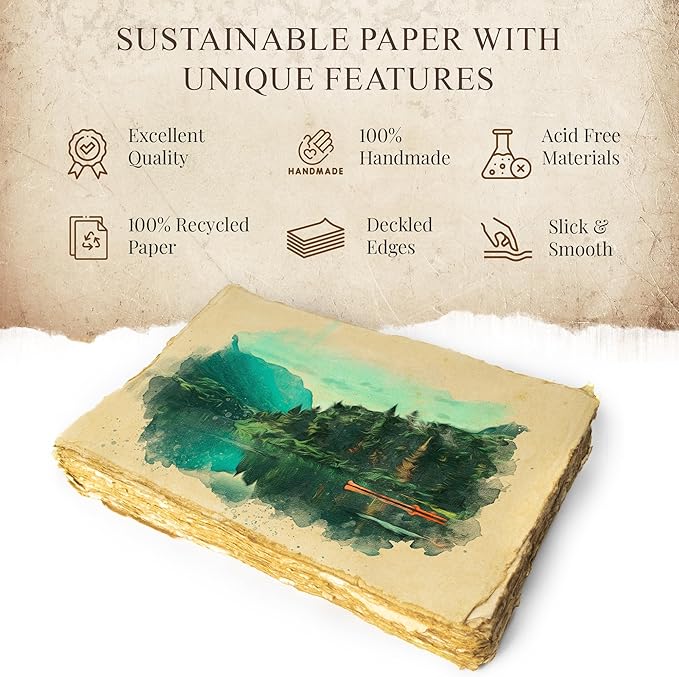 NomadCraftsCo. Blank Vintage Handmade Deckled Edge Paper | 75 Sheets of Recycled Cotton Papers, Perfect Sheet for Any Medium, Blank Watercolor Paper Cards, 150 GSM Thick & Acid-free Antique Paper