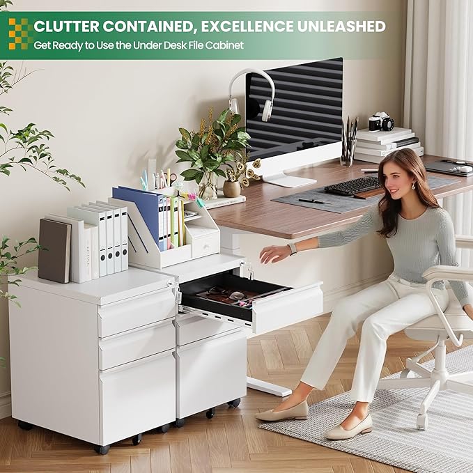 3 Drawer Mobile File Cabinet with Lock,Under Desk Filing Cabinet for Home Office, Metal Filing Cabinets on Wheels for Legal/Letter/A4 File, Fully Assembled Except Wheels, White