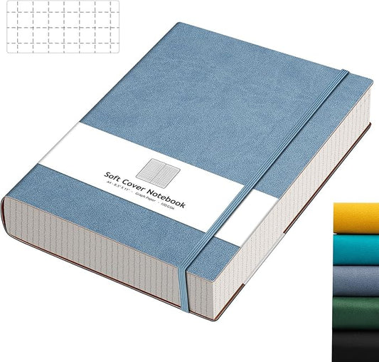 AHGXG Graph Paper Notebook - Grid Paper Notebook Large A4 8.5''×11'', 320 Pages Thick Journal, 100gsm Thick Graph Paper, Leather Softcover, Inner Pocket - GrayBlue