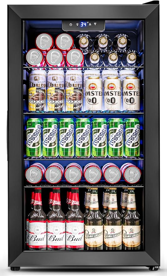 3.2 Cu.Ft Mini Fridge with Glass Door - 126 Can Beverage Refrigerator Cooler for Drink Beer Wine Soda, Small Fridge for Bedroom Office Bar Dorm, 4 Adjustable Shelves, Black