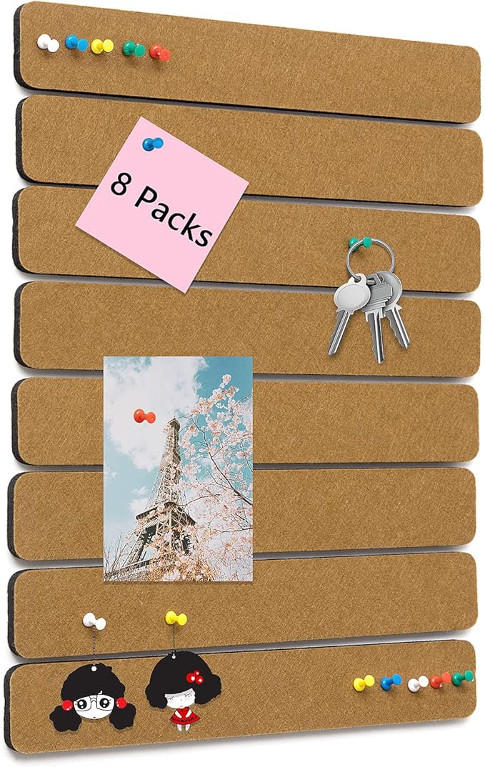 8 Pack Felt Pin Board Bar Strips Bulletin Board for Bedrooms Offices Home Wall Decoration, Notice Board Self Adhesive Cork Board with 50 Push Pins for Paste Notes, Photos, Schedules