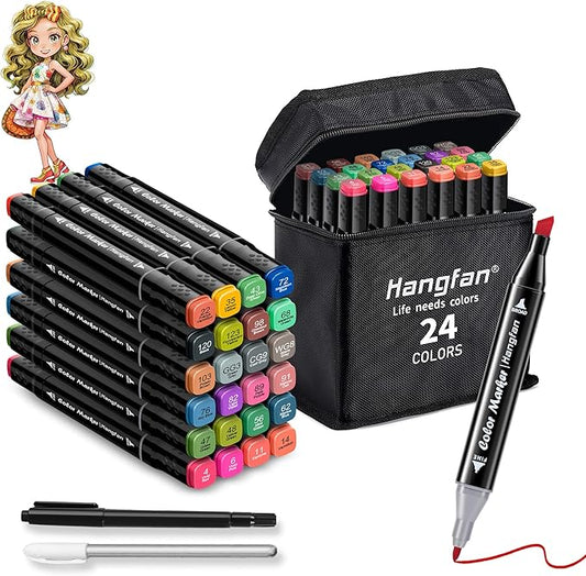 24 Colors Coloring,Markers for Kids,Dual Brush Tip Markers,Give 1 White Highlighter,1 Tracing Pen,Drawing, Sketching, Card Making and Illustration (Black Pen Container)