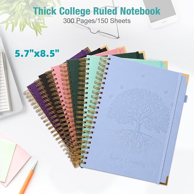 Spiral Notebook, College Ruled Notebook, A5, 300 Pages Leather Journals for Writing, 5.7" x 8.5", Hardcover Journaling Notebooks for Work School, 24pcs Tabs, Large Embossed Journal for Women Men, Pink