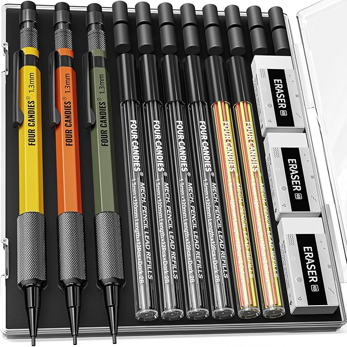 Four Candies 1.3mm Mechanical Pencil Set with 72 Lead Refills, 3PCS Metal Weatherproof Body Heavy Duty Carpenter Pencil, 3 Eraser, 16 Eraser Refills, for Outdoor Woodworking Drafting Marking with Case