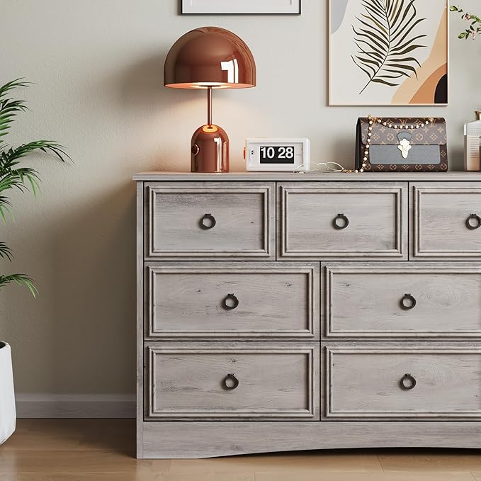 LGHM Modern Large 10 Drawer Dresser, Long Dressers for Bedroom, Chest of Drawers Closet Organizers and Storage Clothes - Textured Borders, 6" Deep Drawer for Living Room, Hallway, Gray