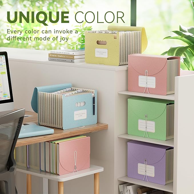 Accordion File Organizer, 13 Pockets Wheat Straw Expanding File Folder, Portable Monthly Paper Bill Tax Receipt Organizer, Letter A4 Size Document Holder with Colorful Tab - Wheat Yellow