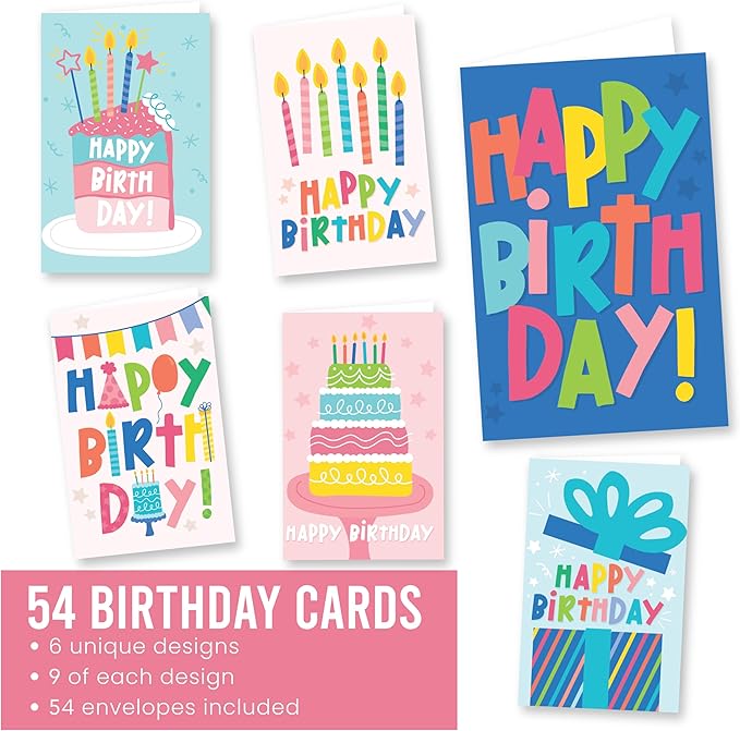 Hadley Designs 54 Happy Birthday Cards Bulk with Envelopes – Assorted Birthday Cards for Kids and Adults, Ideal for Personalization and Bulk Buyers (Colorful Doodle)