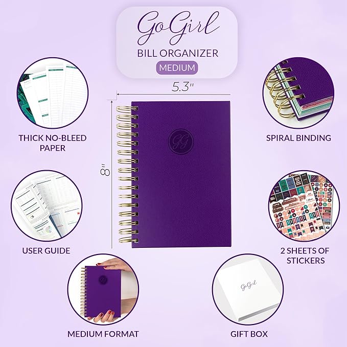 GoGirl Budget Planner & Monthly Bill Organizer – Monthly Financial Book with Pockets. Expense Tracker Notebook Journal, Compact (Purple)