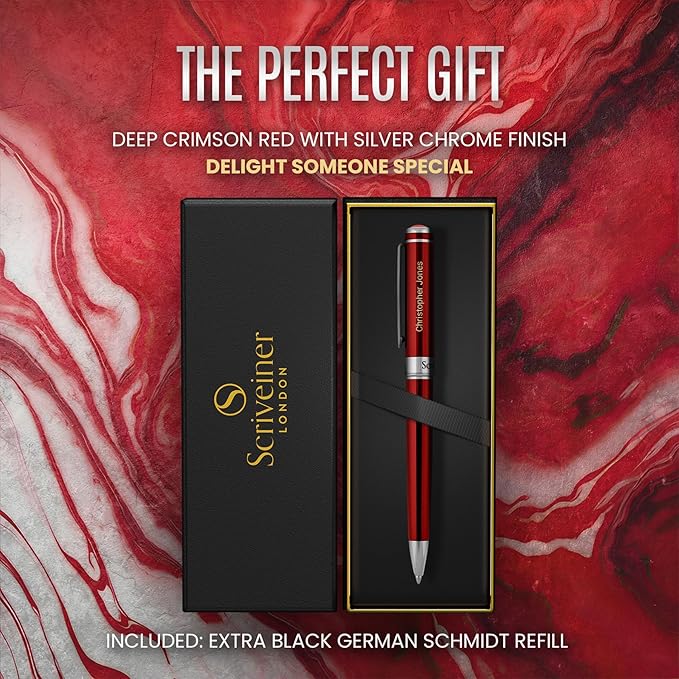 Scriveiner Personalized Deep Crimson Red Pen - Stunning Red Lacquer Luxury Pen with Chrome Finish, Schmidt Ink Refill, Best Engraved Ball Point Gift Set for Men & Women, Custom Name Engraving