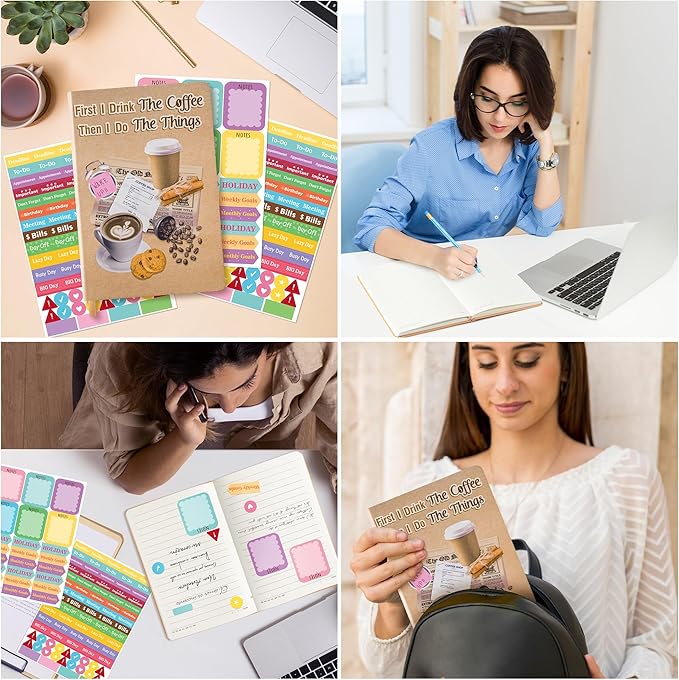 B1ykin Hardcover Ruled Journal Notebook with Planner Stickers, 196 Pages PU Leather Journal Notebook Journals Diary Notepad for Writing Travel Business Work School College Note Taking (Coffee)