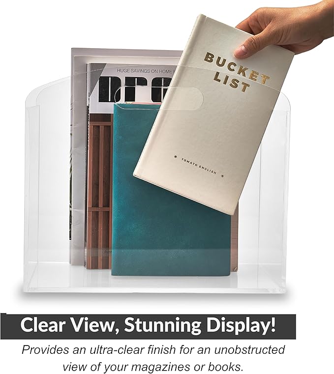 Magazine Rack - Clear Acrylic Magazine Holder, Acrylic Newspaper Stand Organizer with handles, Modern Lucite Magazine and Book Basket Box for Bathroom, Bedroom, Living Room and Office