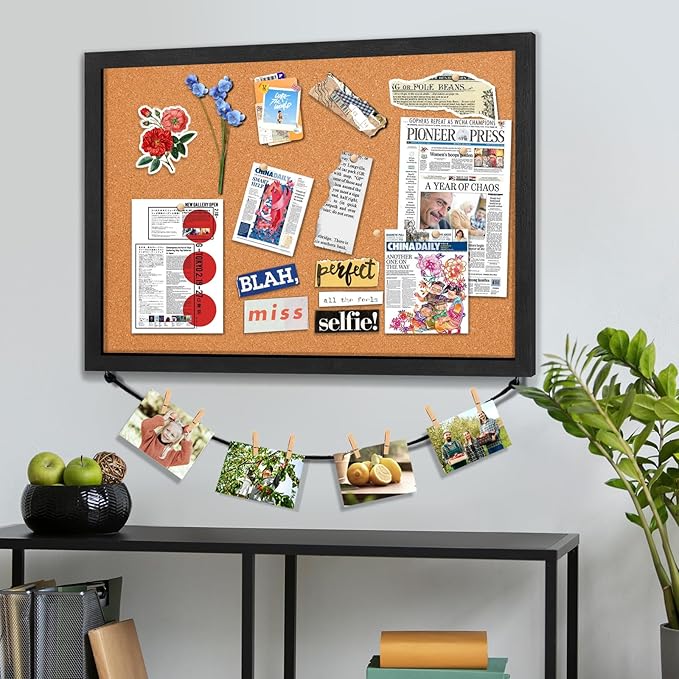 Miratino Cork Board Bulletin Board, 23x18 Inches Wooden Frame Pin Board, Cute Cork Boards for Walls Hanging for Office, Home Decor, School (Pins, Clips, Strings) Black
