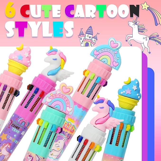 Multicolor Ballpoint Pen 0.7 mm, 10-in-1 Colored Pens Fine Point Retractable Cute Cartoon Unicorn Ballpoint Pens for Office School Students Kids Christmas Gift, 6 Pack