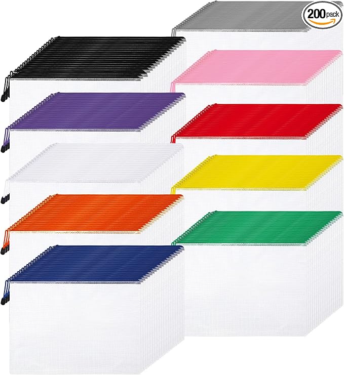 200 Pcs A4 Mesh Zipper Pouch Bulk Waterproof Mesh Zipper Organizer Plastic File Folder Case for School Office Supplies Document Board Games Puzzle(Multicolor)